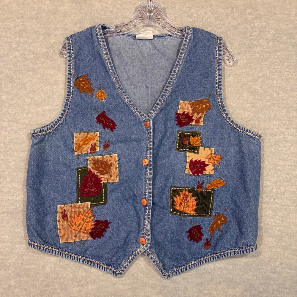 Bobbie Brooks Denim Vest Womens Blue Embroidered Autumn Leaves Patchwork L